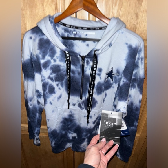Women's DKNY Sport White/Navy Dallas Cowboys Dakota Tie-Dye Half-Zip Hoodie LG - Picture 5 of 10